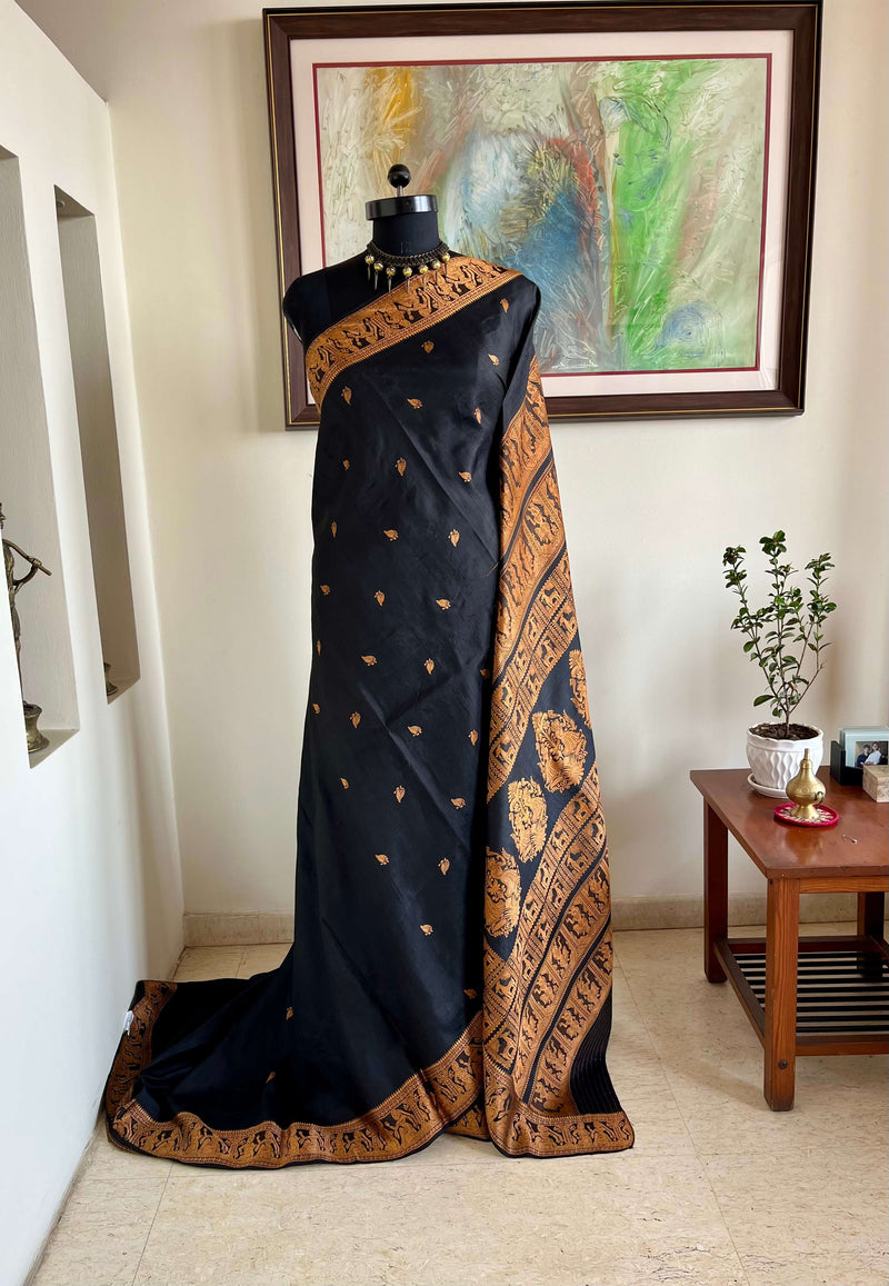 BISHAKHA – BLACK BALUCHARI SILK WITH PEACH MYTHOLOGICAL MOTIFS