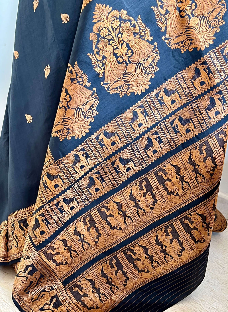 BISHAKHA – BLACK BALUCHARI SILK WITH PEACH MYTHOLOGICAL MOTIFS