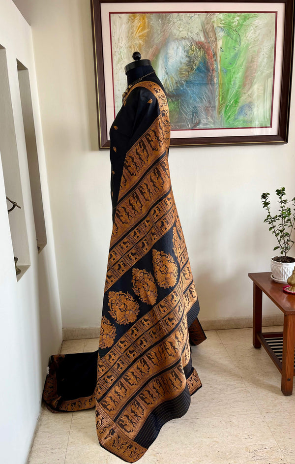 BISHAKHA – BLACK BALUCHARI SILK WITH PEACH MYTHOLOGICAL MOTIFS