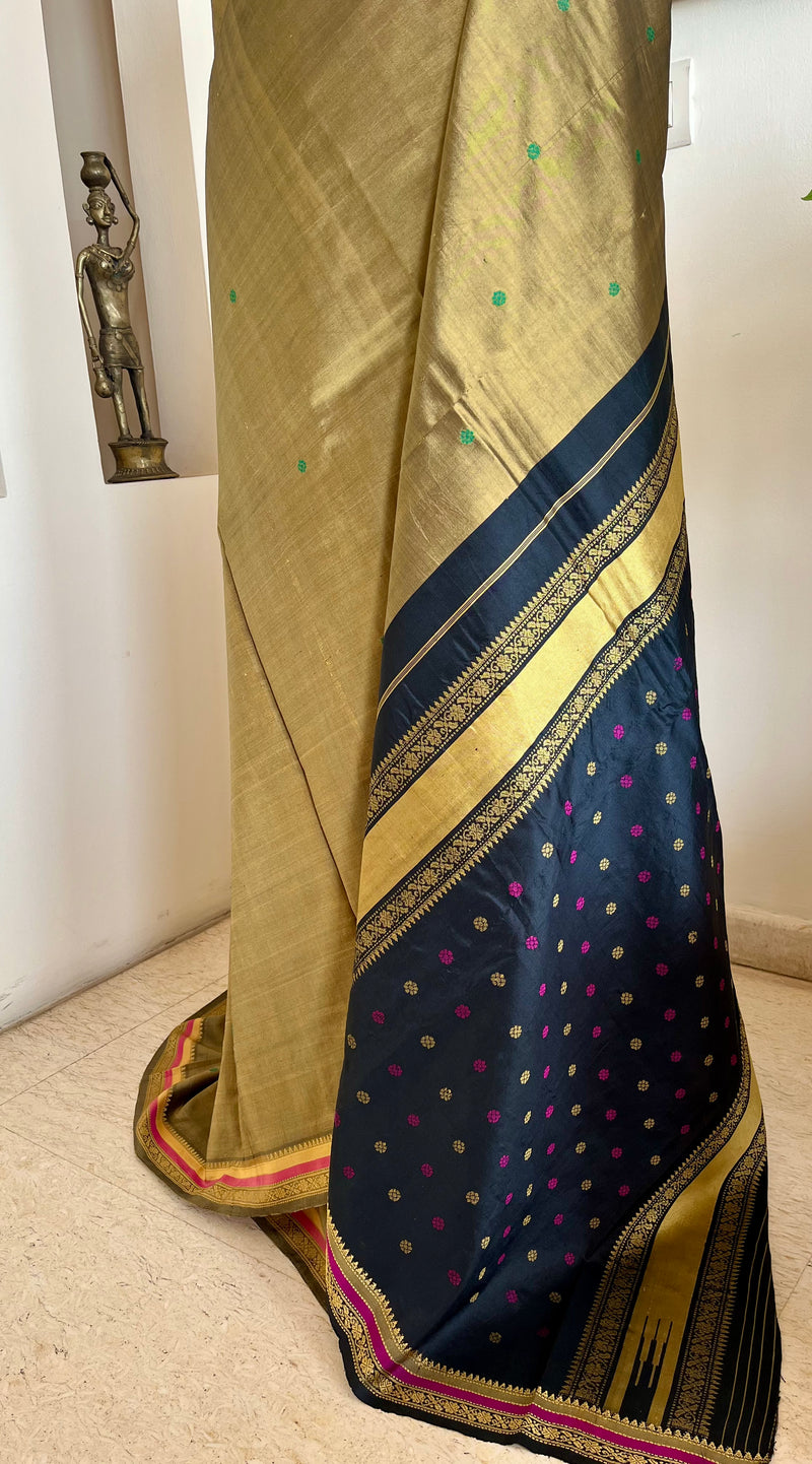 SUHITHA – OLIVE GREEN KANJIVARAM SILK SAREE WITH RUDRAKSH BORDER