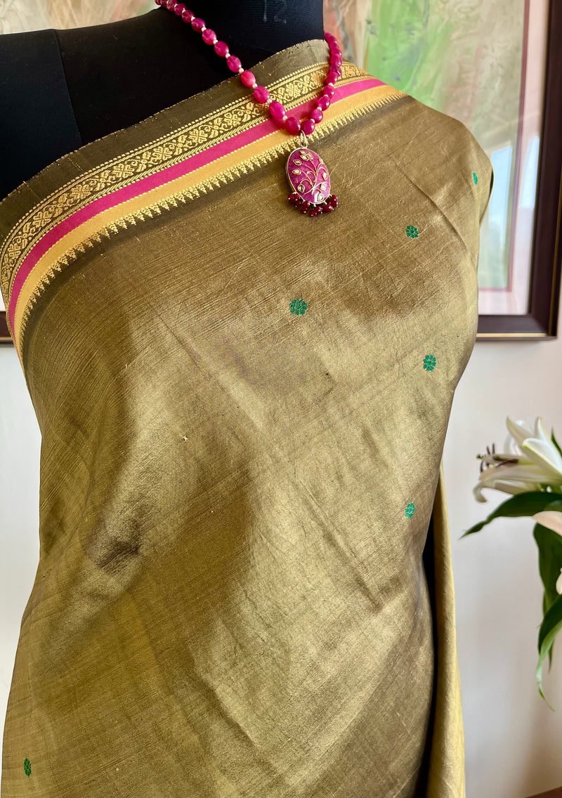 SUHITHA – OLIVE GREEN KANJIVARAM SILK SAREE WITH RUDRAKSH BORDER