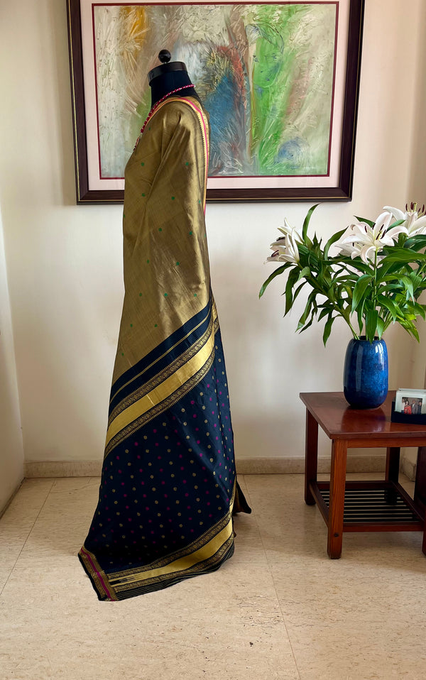 SUHITHA – OLIVE GREEN KANJIVARAM SILK SAREE WITH RUDRAKSH BORDER