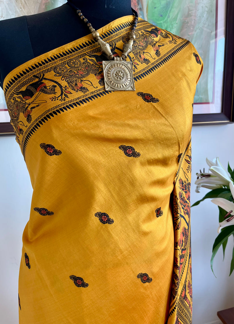 SWARNALI - GOLDEN YELLOW BALUCHARI SILK WITH MYTHOLOGICAL MOTIFS
