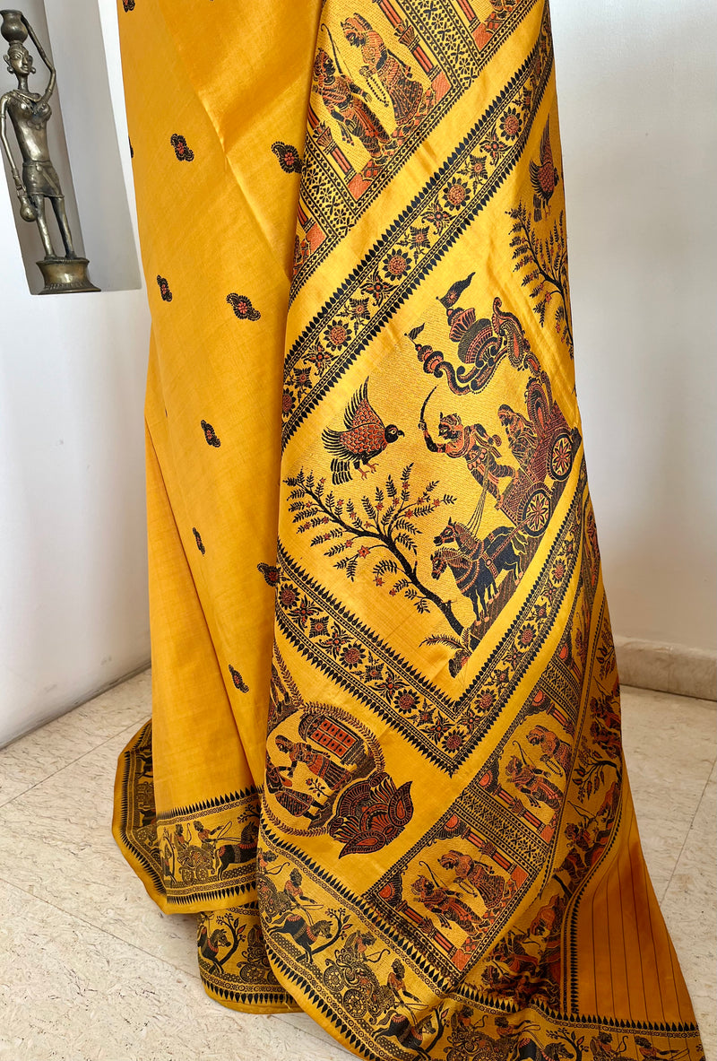 SWARNALI - GOLDEN YELLOW BALUCHARI SILK WITH MYTHOLOGICAL MOTIFS