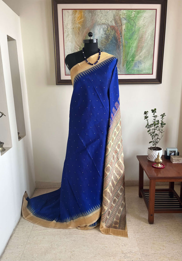 THUMRI - EXQUISITE BLUE BOMKAI SILK SAREE WITH RUDRAKSHA BORDER