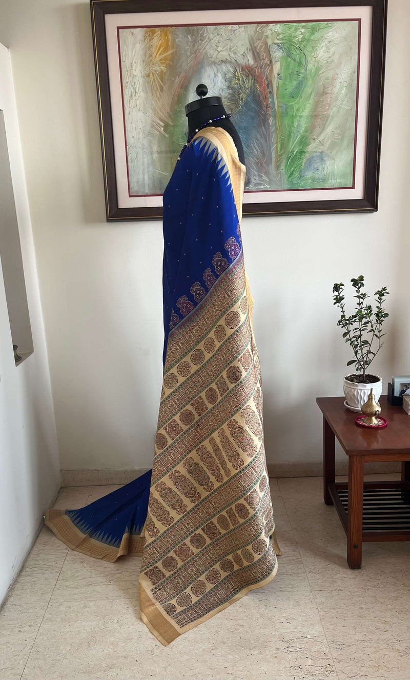 THUMRI - EXQUISITE BLUE BOMKAI SILK SAREE WITH RUDRAKSHA BORDER