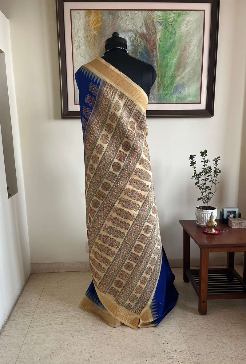 THUMRI - EXQUISITE BLUE BOMKAI SILK SAREE WITH RUDRAKSHA BORDER