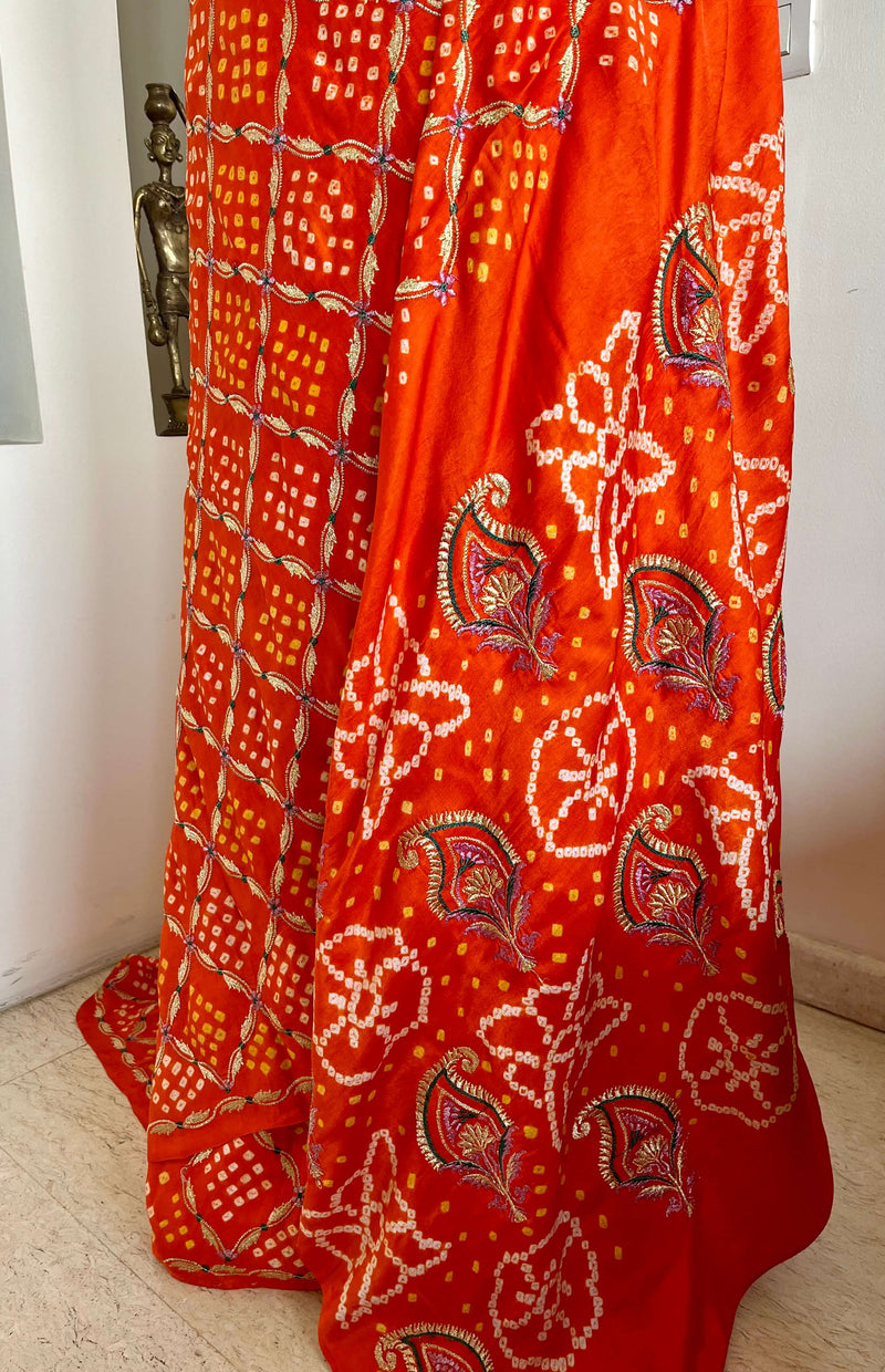 RAJATA - BEAUTIFUL ORANGE GAJJI SILK BANDHANI SAREE WITH EMBROIDERY