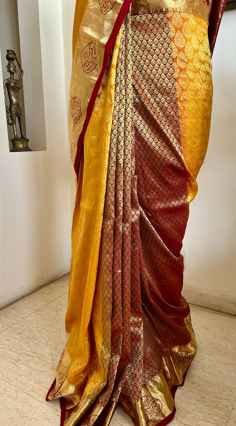 KANIRA – GOLDEN YELLOW MAROON KANJIVARAM SILK SPLENDOUR