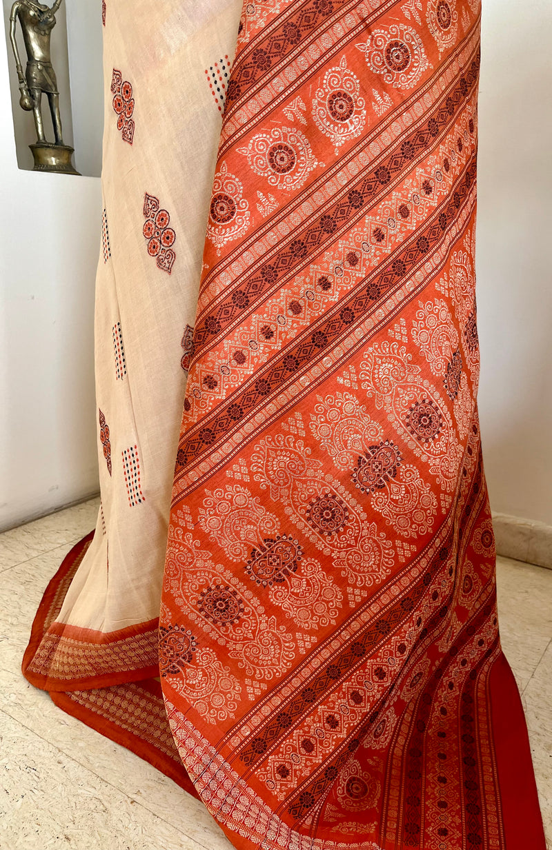 REBATI – CREAM AND RUST BOMKAI SILK WITH RUDRAKSHA BORDER