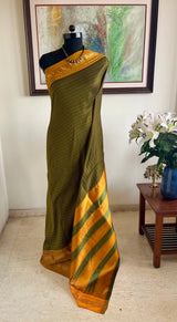 INDRAJA - GREEN CHECKERED KANJIVARAM GREEN MUSTARD ZARI AANCHAL