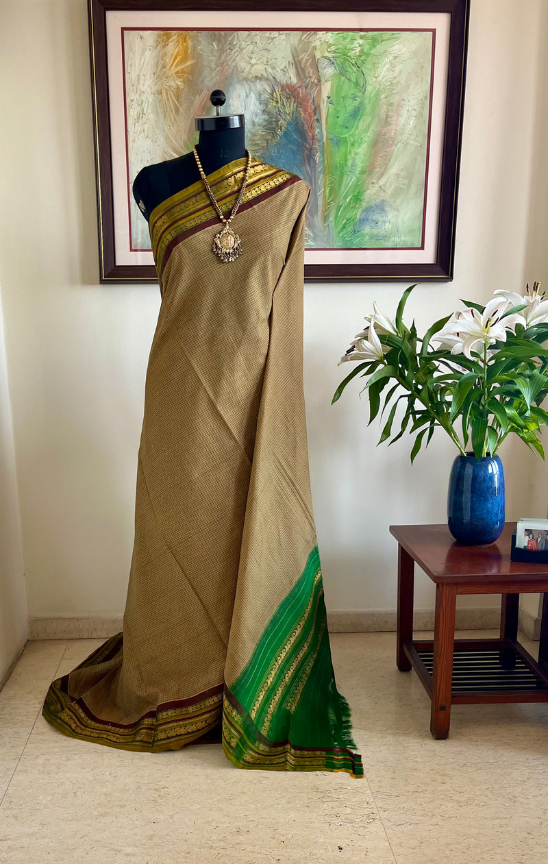 ISWARYA - DARK BEIGE GADWAL SAREE WITH FLORAL ZARI BORDER