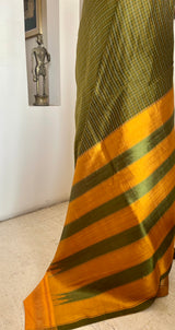 INDRAJA - GREEN CHECKERED KANJIVARAM GREEN MUSTARD ZARI AANCHAL