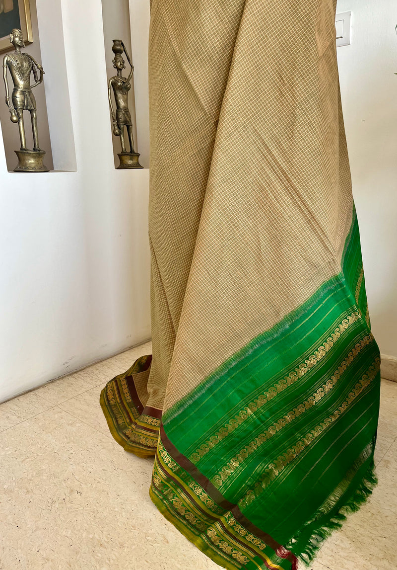 ISWARYA - DARK BEIGE GADWAL SAREE WITH FLORAL ZARI BORDER