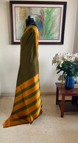 INDRAJA - GREEN CHECKERED KANJIVARAM GREEN MUSTARD ZARI AANCHAL