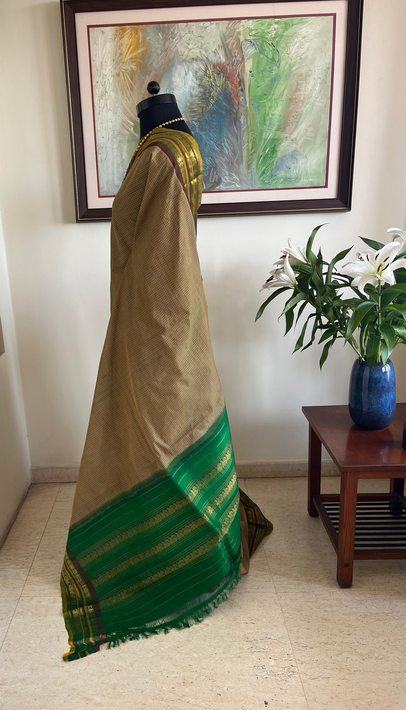 ISWARYA - DARK BEIGE GADWAL SAREE WITH FLORAL ZARI BORDER