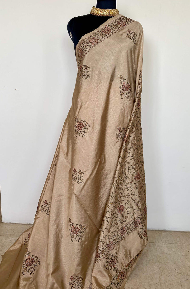 DEBJANI- GORGEOUS BEIGE KANTHA SILK, FLORAL ELEGANCE AND EMBROIDERY