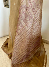 RASHITA – VINTAGE DARK BEIGE BOMKAI TUSSAR SAREE WITH FLORAL AANCHAL