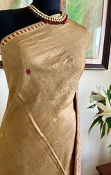 RASHITA – VINTAGE DARK BEIGE BOMKAI TUSSAR SAREE WITH FLORAL AANCHAL