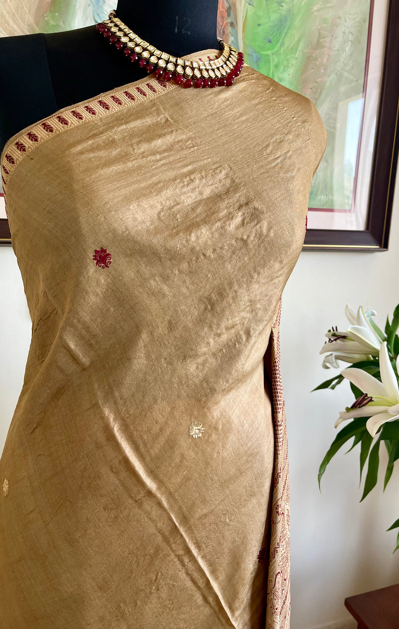 RASHITA – VINTAGE DARK BEIGE BOMKAI TUSSAR SAREE WITH FLORAL AANCHAL
