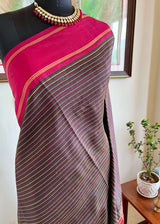DHIVJA – NEVER WORN KORVAI KANJIVARAM WITH STRIPED BODY AND THAZAMPOO AANCHAL