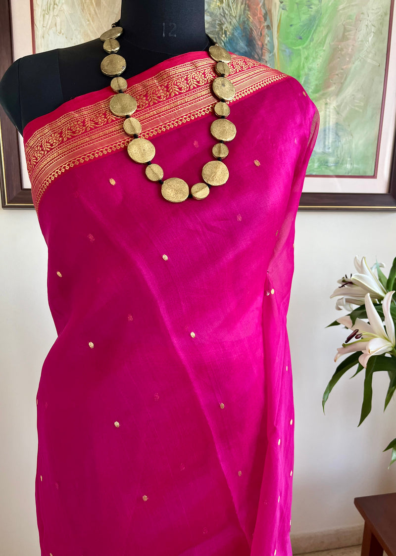 RIMI – MAGENTA PINK CHANDERI SILK SAREE WITH GOLD ZARI