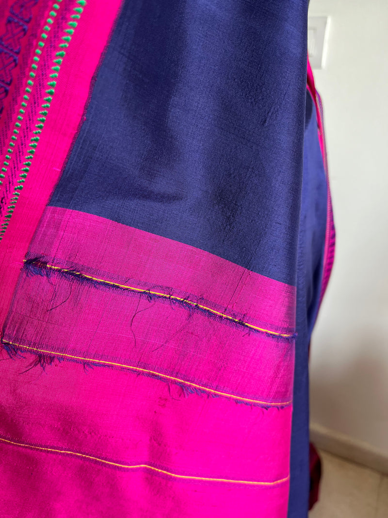 SAMPOORNA – BLUE KORVAI KANJIVARAM WITH RUDRAKSHA AND TEMPLE BORDERS