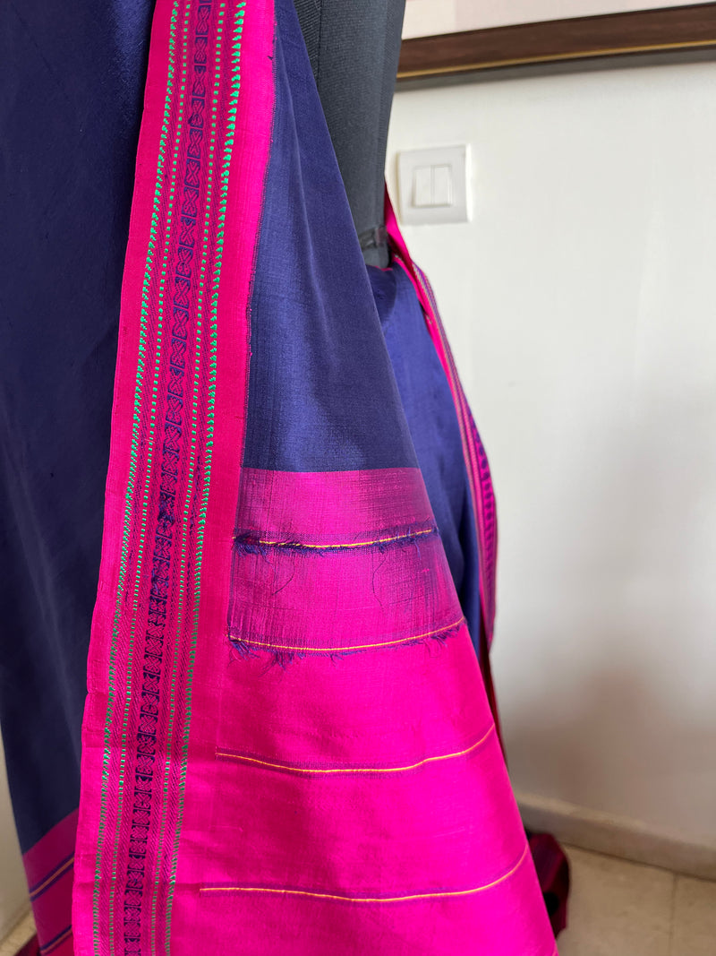 SAMPOORNA – BLUE KORVAI KANJIVARAM WITH RUDRAKSHA AND TEMPLE BORDERS