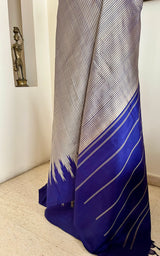KAIRA – SILVER GREY KANJIVARAM WITH BLUE STRIPES AND TEMPLE BORDERS