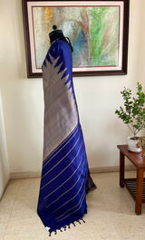 KAIRA – SILVER GREY KANJIVARAM WITH BLUE STRIPES AND TEMPLE BORDERS