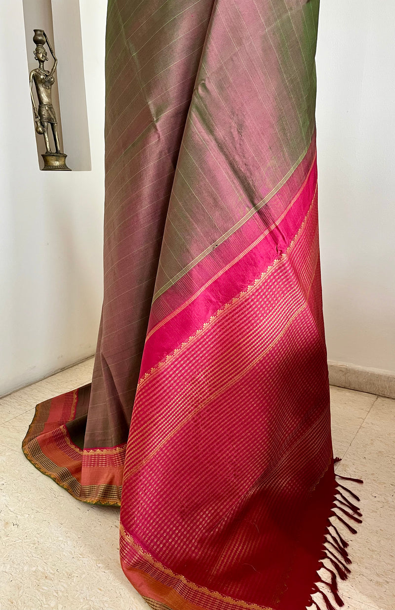 TANUYA – RUST AND GREEN SHOT KANJIVARAM WITH RUDRAKSHA ELEGANCE