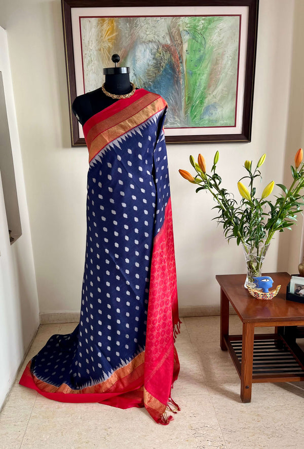 SAVANI – BLUE RAJKOT PATOLA WITH GREY IKKAT AND RED AANCHAL