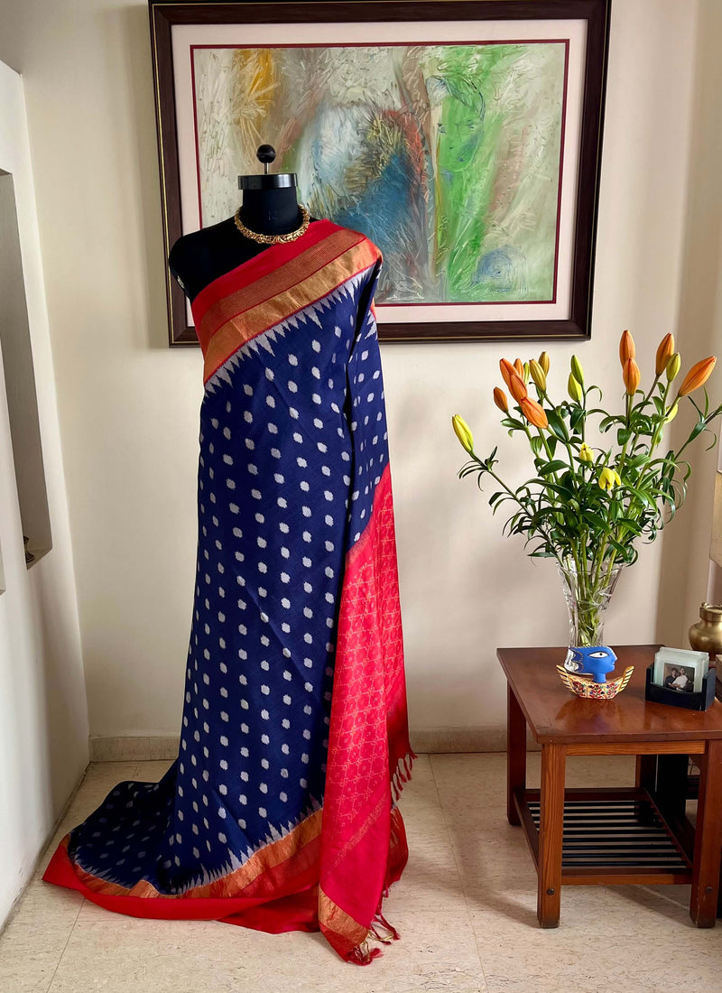 SAVANI – BLUE RAJKOT PATOLA WITH GREY IKKAT AND RED AANCHAL