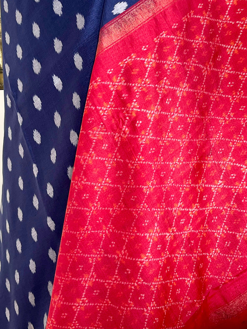 SAVANI – BLUE RAJKOT PATOLA WITH GREY IKKAT AND RED AANCHAL