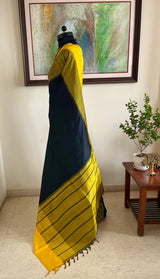 LIMI – BLACK KANJIVARAM SILK SAREE WITH GOLDEN GREEN AANCHAL