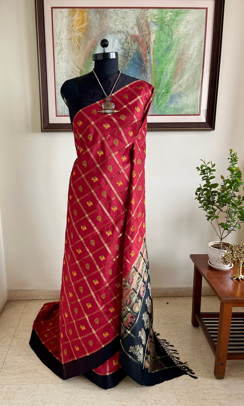 PANKTI – RED AND GOLD GHARCHOLA SAREE WITH ELEPHANT MOTIFS