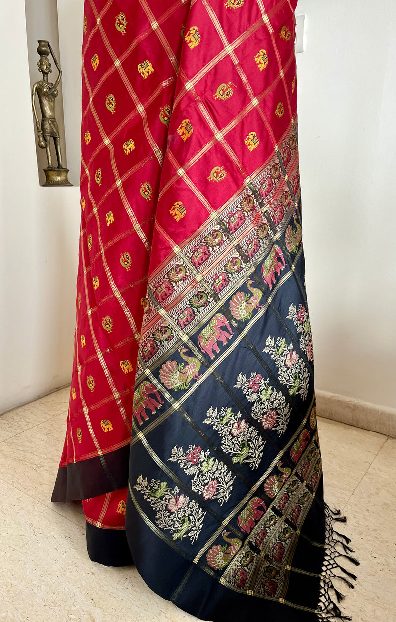 PANKTI – RED AND GOLD GHARCHOLA SAREE WITH ELEPHANT MOTIFS