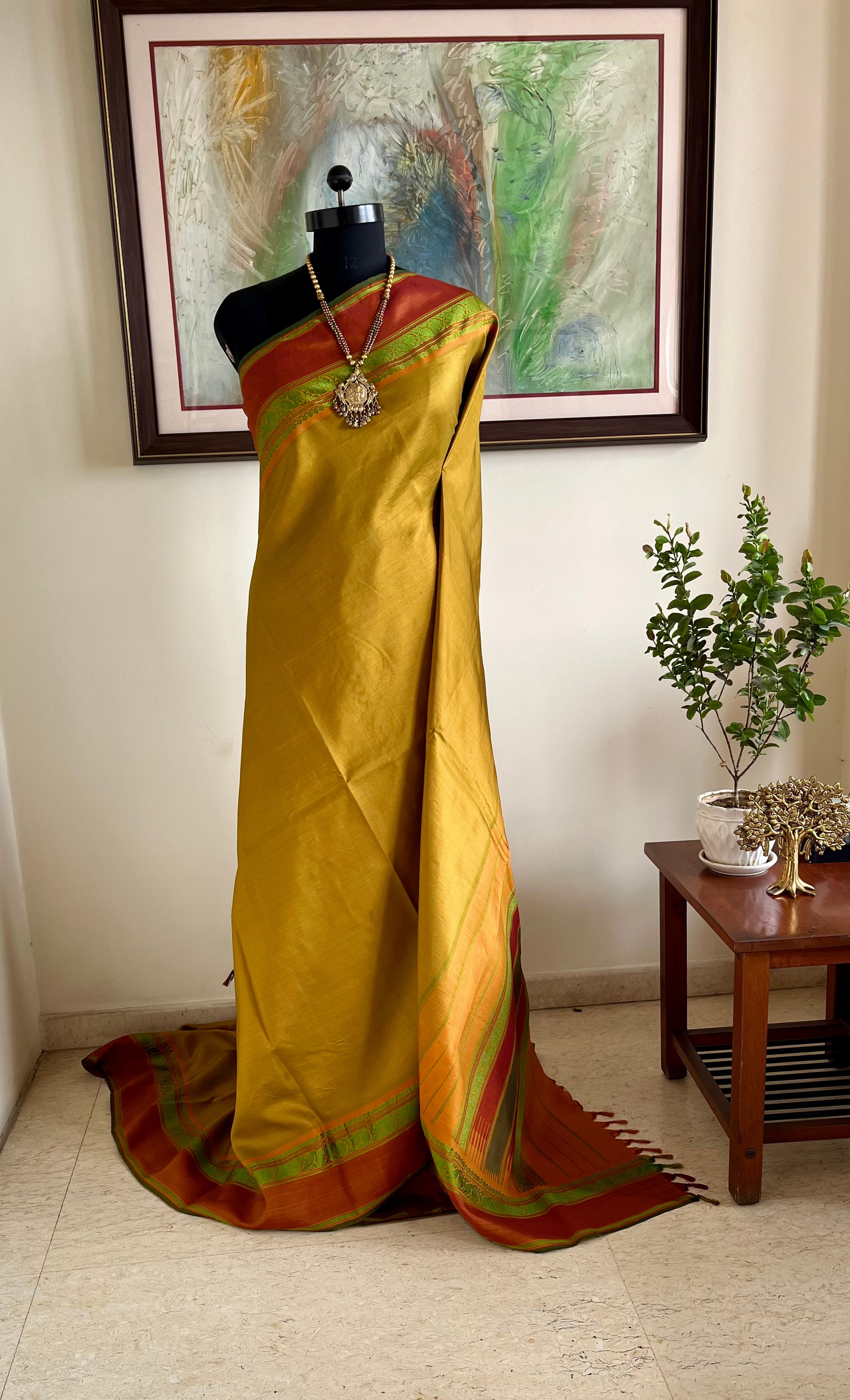 RITHYA – OCHRE KANJIVARAM WITH GREEN LINES AND RUST BORDERS – MOS Preloved