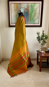 RITHYA – OCHRE KANJIVARAM WITH GREEN LINES AND RUST BORDERS