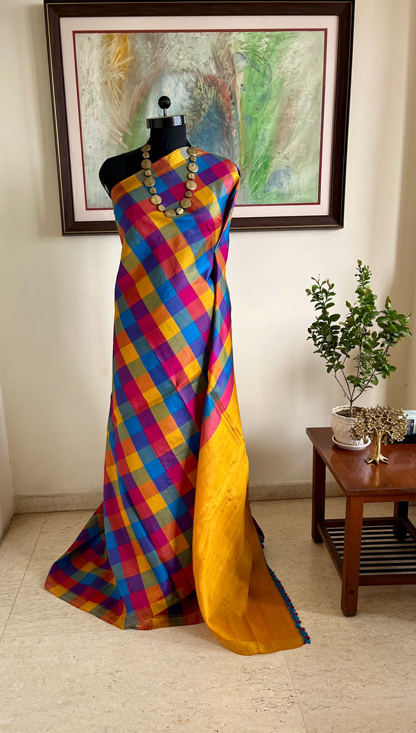RANGITA – MULTICOLOURED KATTAM KANJIVARAM WITH CROCHETED AANCHAL ENDINGS