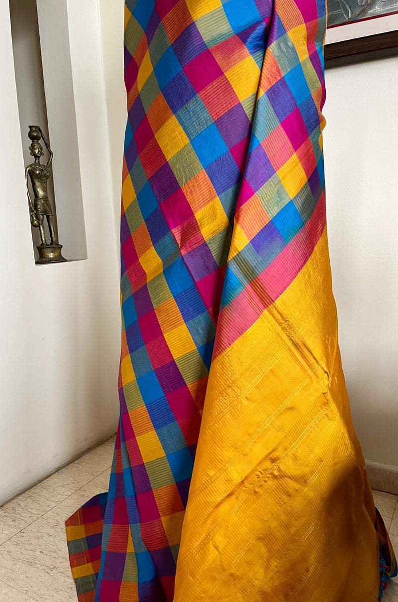 RANGITA – MULTICOLOURED KATTAM KANJIVARAM WITH CROCHETED AANCHAL ENDINGS