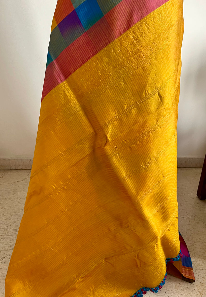 RANGITA – MULTICOLOURED KATTAM KANJIVARAM WITH CROCHETED AANCHAL ENDINGS