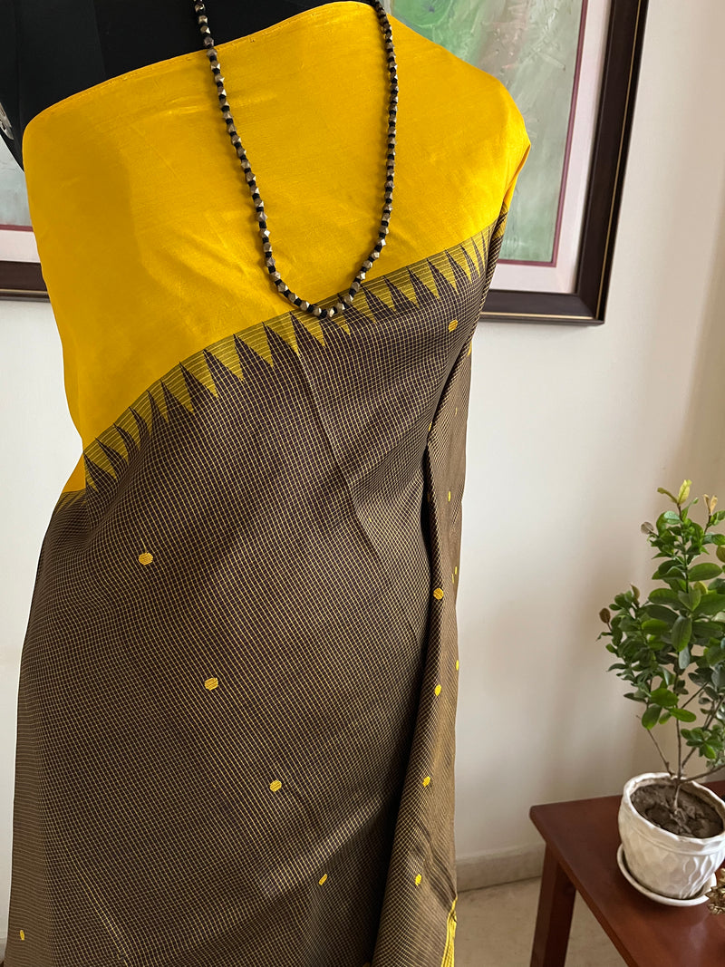 JAYANA – GREENISH BROWN CHECKS SAREE WITH YELLOW BORDER