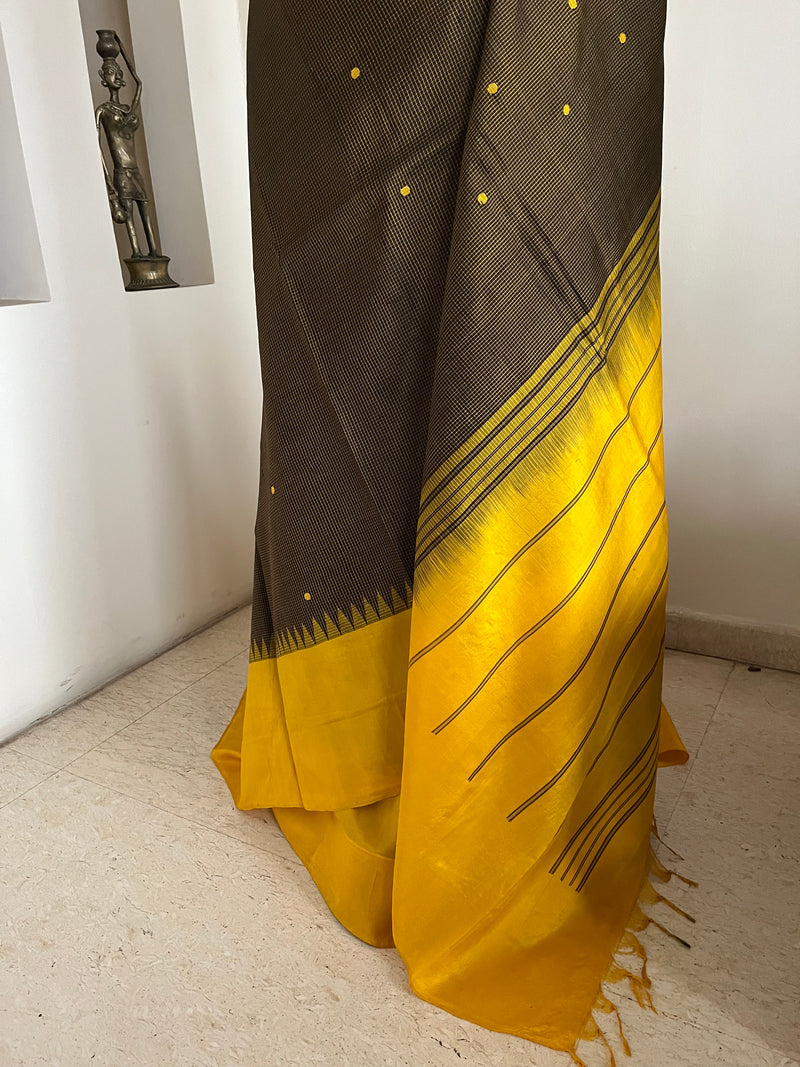 JAYANA – GREENISH BROWN CHECKS SAREE WITH YELLOW BORDER
