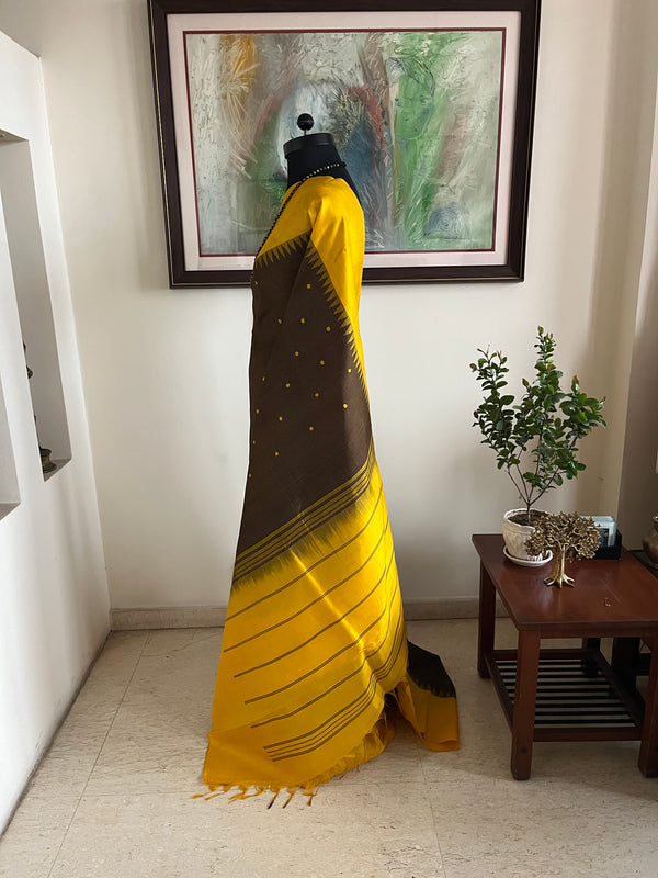 JAYANA – GREENISH BROWN CHECKS SAREE WITH YELLOW BORDER