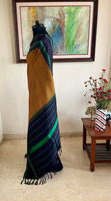 AMODI- BLACK BEIGE KATTAM WITH STRIPED BLUE BORDER