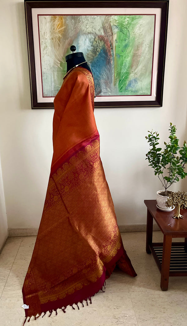VAISHU – RUST BROWN KANJIVARAM SAREE WITH FLORAL ZARI BORDER