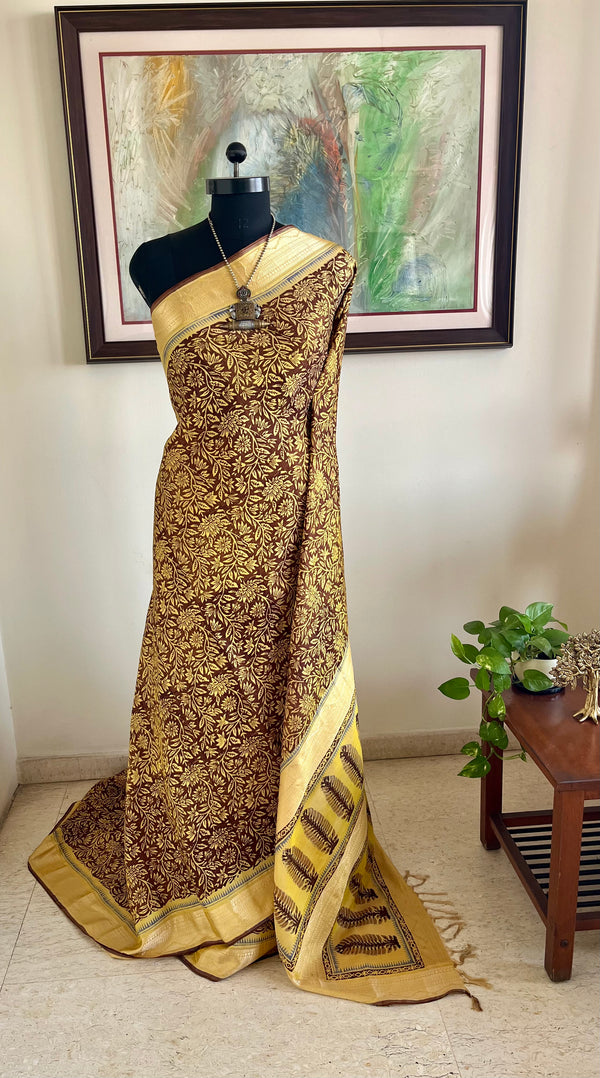 SUBHRANSHI- ELEGANT BROWN SILK SAREE WITH FLORAL AND FERN DETAILING