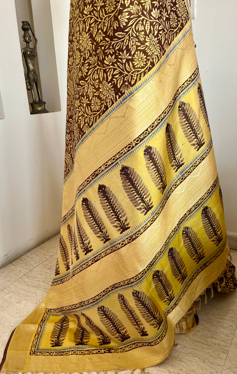 SUBHRANSHI- ELEGANT BROWN SILK SAREE WITH FLORAL AND FERN DETAILING