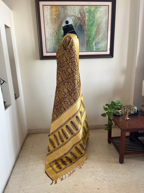 SUBHRANSHI- ELEGANT BROWN SILK SAREE WITH FLORAL AND FERN DETAILING